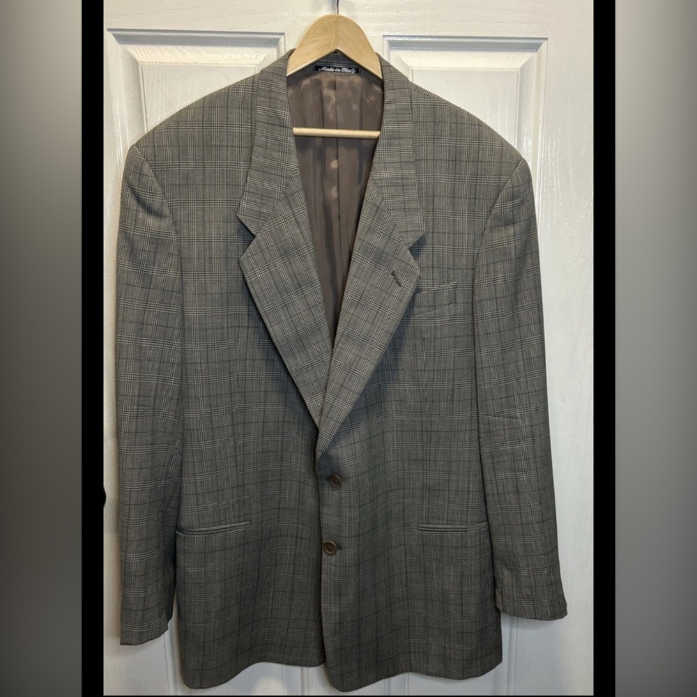 VTG Giorgio Armani Windowpane 46L Gray 3 Button Wool Suit 37x32.5 Canvased